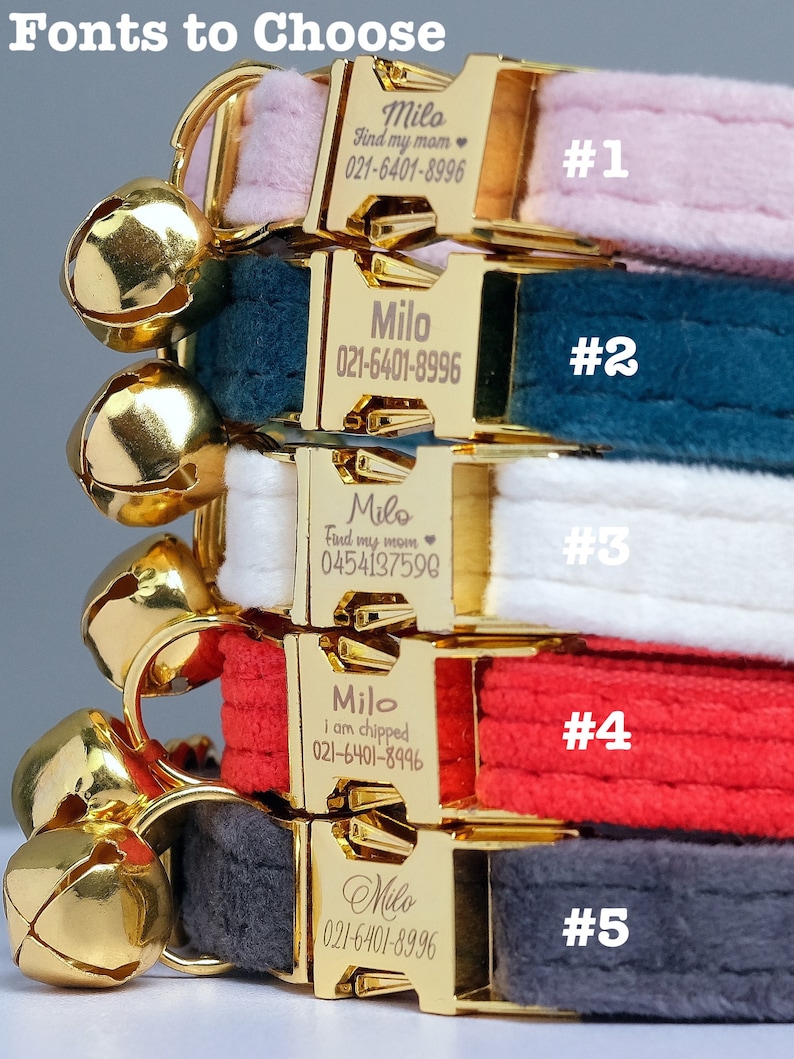Puede incluir: Cinco collares para gatos diferentes con hebillas y cascabeles dorados. Cada collar tiene un estilo de fuente y un color diferentes. Los collares est&aacute;n etiquetados con los n&uacute;meros del 1 al 5. Los collares tienen texto grabado que dice "Milo" y un n&uacute;mero de tel&eacute;fono.