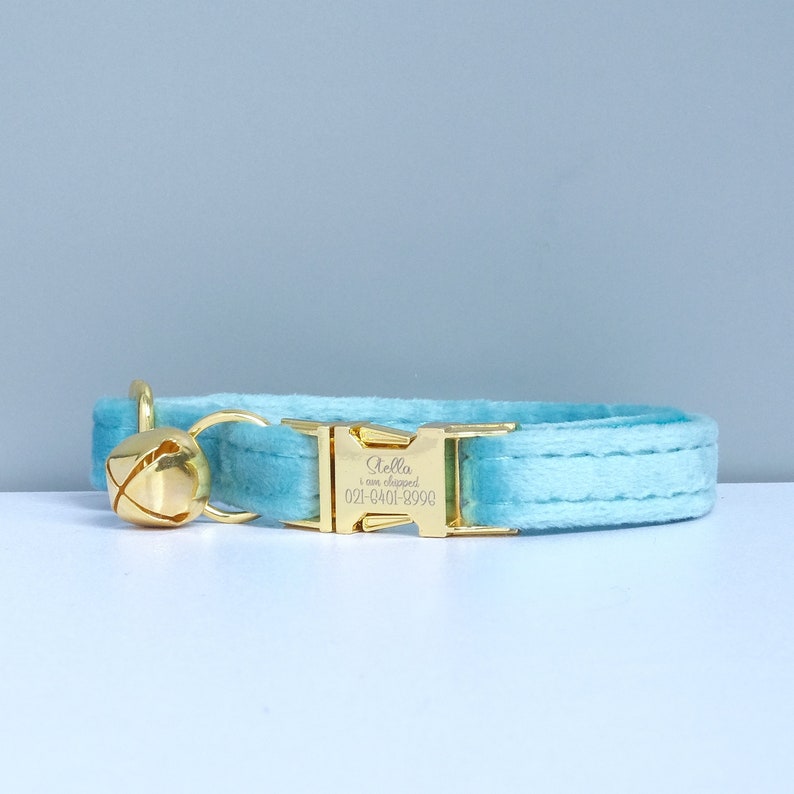 Puede incluir: Un collar de gato de terciopelo azul claro con una hebilla dorada y una campanilla. La hebilla est&aacute; grabada con el nombre "Bella" y el texto "I am chipped 021-6401-8996".