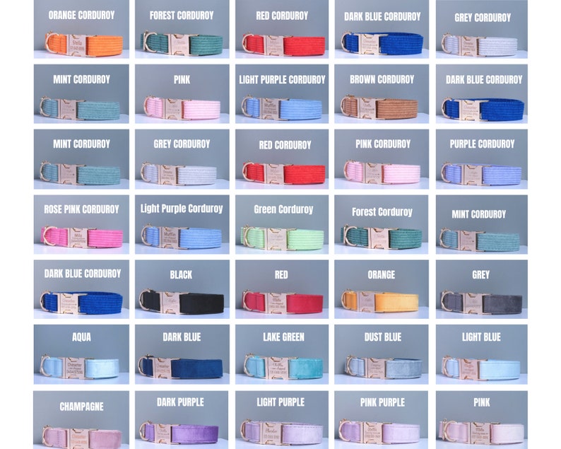May include: A variety of colors of corduroy dog collars with gold hardware. The collars are arranged in a grid pattern, with each color having its own label.