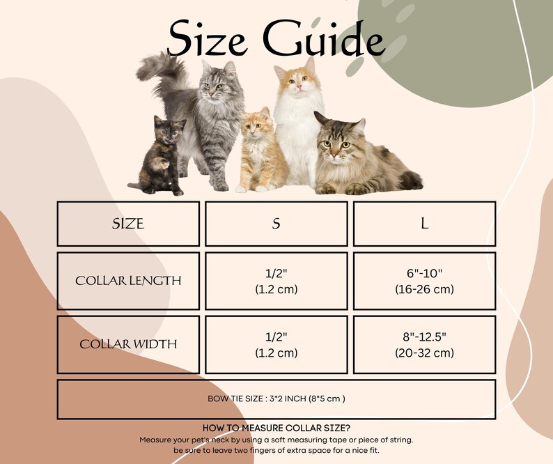 Puede incluir: Gu&iacute;a de tallas para collares de gato con tres gatos en el fondo. La tabla muestra la longitud y el ancho del collar en pulgadas y cent&iacute;metros para las tallas peque&ntilde;a, mediana y grande. El tama&ntilde;o de la pajarita es de 3 por 2 pulgadas.