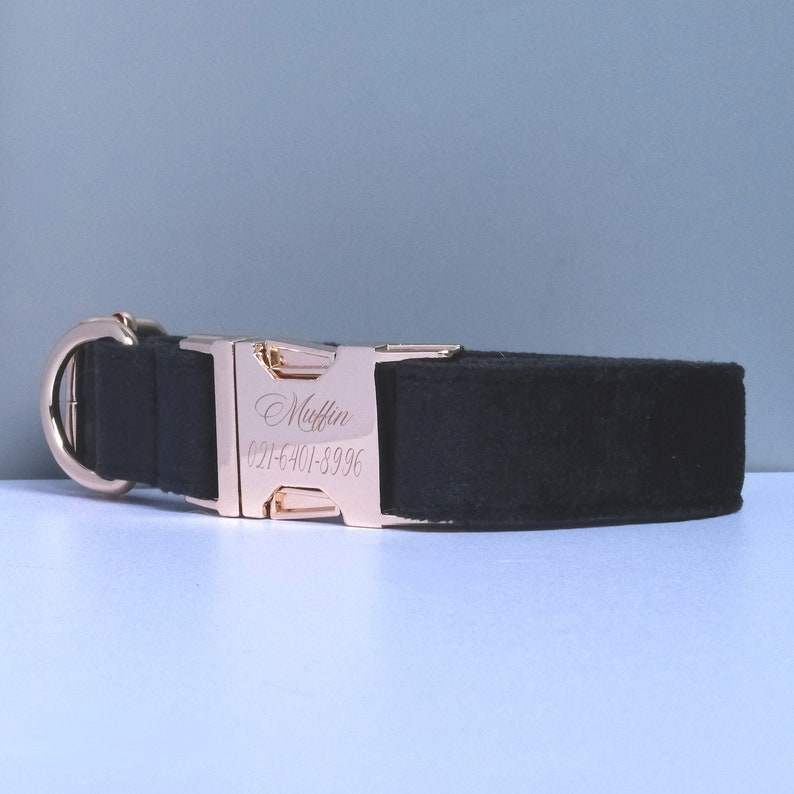 May include: Black velvet dog collar with a rose gold buckle engraved with the name "Muffin" and phone number "021-6401-8996".