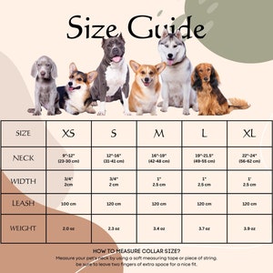 May include: Size guide chart for dog collars with five different sizes: XS, S, M, L, and XL. The chart shows the neck size in inches and centimeters, the width in inches and centimeters, the leash length in centimeters, and the weight in ounces. The chart is illustrated with five dogs of different breeds and sizes.