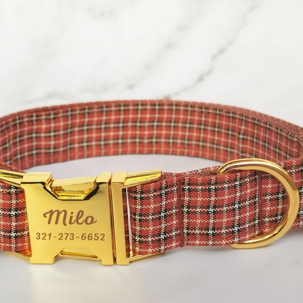 Plaid Red Yellow Dog Collar, Quick Release Buckle Customized Collar & Leash, Personalized Designer Dog Collar, Wedding gift for girl mom