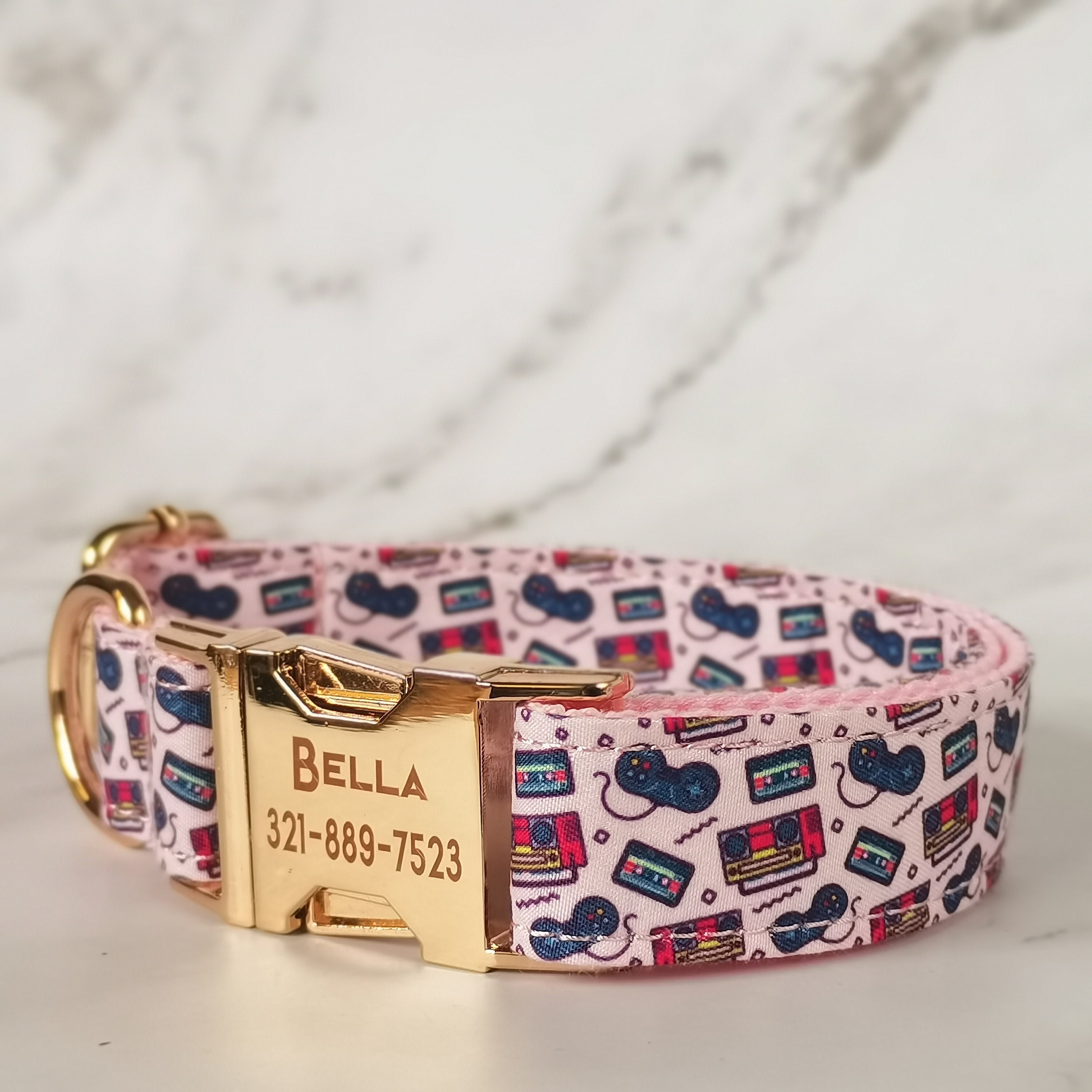 Cat Collar Personalized, Retro Vintage Radio Cassette Print Custom Cat Collar, Dog Collar Boy with name, Custom Engraved Puppy Name Tag Pup