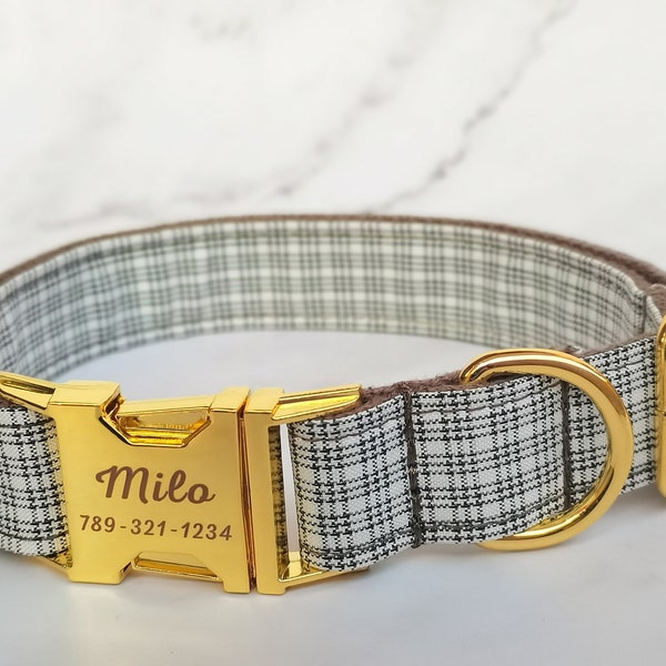 Plaid White Brown Yellow Dog Collar, Quick Release Buckle Customized Collar & Leash, Personalized Designer Dog Collar, Wedding gift for girl
