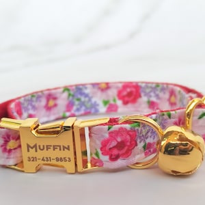 Flower Pink Personalized Cat Collar Bow Tie Leash Set, Custom Engraved Kitten Puppy Name Tag, Cat Name Tag With Gold Bell, Pet Name Tag Gift