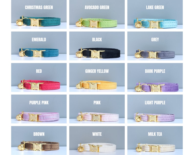 Puede incluir: Una selecci&oacute;n de 15 collares de terciopelo para gatos en varios colores, incluyendo verde navide&ntilde;o, verde aguacate, verde lago, esmeralda, negro, gris, rojo, amarillo jengibre, morado oscuro, rosa p&uacute;rpura, rosa, morado claro, marr&oacute;n, blanco y t&eacute; con leche. Cada collar tiene una campanilla dorada y una hebilla dorada.