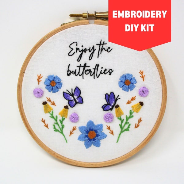 Beginner's embroidery kit Enjoy the Butterflies Daniel Ricciardo quote F1 5 inch hoop