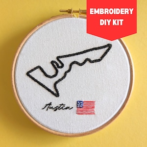 Kit de bordado para principiantes, circuito de las Américas de Austin, contorno del circuito F1, bastidor de 5 pulgadas
