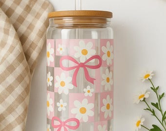 16oz Glass Can Cup with Bamboo Lid with Glass Straw | Cute Pink Daisy & Bow Iced Coffee Cup | Aesthetic Reusable Tumbler