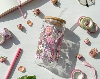 Copo de vidro floral boho: copo reutilizável para café gelado com tampa de bambu