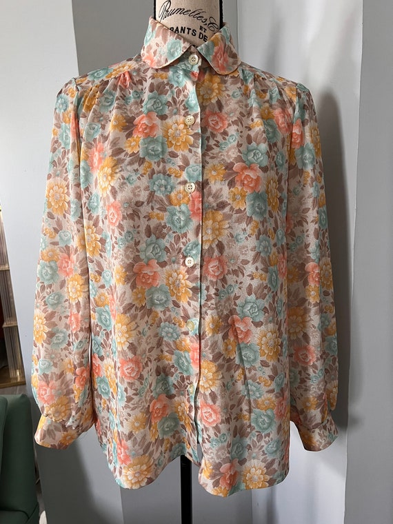 70’s Allan Green Polyester Sheer Floral Blouse - image 1