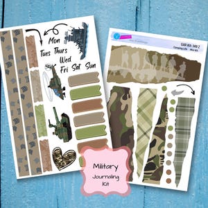 May include: A set of military themed printable stickers for journaling. The stickers include camouflage patterns, military vehicles, and text that says "Mon", "Tues Thurs", "Wed", "Fri Sat Sun", and "Military Journaling Kit".