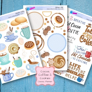 May include: Three sheets of stickers featuring illustrations of cocoa, coffee, and cookies. The stickers are designed for a classic planner. The first sheet features illustrations of mugs of hot cocoa and cookies. The second sheet features illustrations of coffee stains and a mug of coffee. The third sheet features illustrations of mugs of hot cocoa and coffee, along with text that reads "No Talkie Before Coffee", "Snow Falling Hot Chocolate is Calling", and "Life Happens Chocolate Helps".