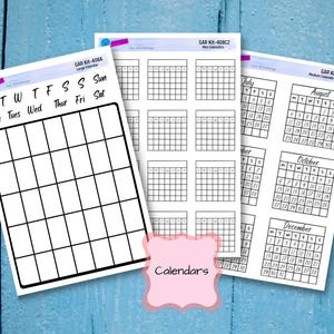 May include: Three white sheets of paper featuring printed calendar templates. The first sheet shows a large blank monthly grid, the second displays twelve mini calendar grids, and the third contains monthly calendars for July through December.