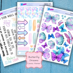 May include: Three sheets of planner stickers with a butterfly theme. The first sheet has motivational quotes, the second sheet has colorful butterflies and banners, and the third sheet has watercolor butterflies in shades of blue, purple, and pink.
