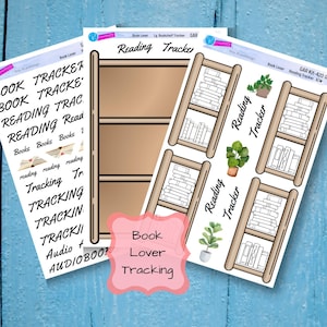 May include: A set of printable stickers for book lovers. The stickers feature a bookshelf design with the text "Reading Tracker" and various book-related phrases like "Book Tracker", "Reading Trac", and "Audiobooks".