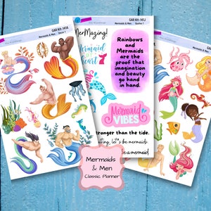 May include: Three sheets of stickers featuring mermaids and mermen with colorful tails, sea creatures, and inspirational quotes. The text on the stickers reads "MerMazing! Mermaid heart", "Rainbows and Mermaids are the proof that imagination and beauty go hand in hand. Mermaid VIBES stronger than the tide. Let's be mermaids be a mermaid", and "Mermaids & Men Classic Planner".