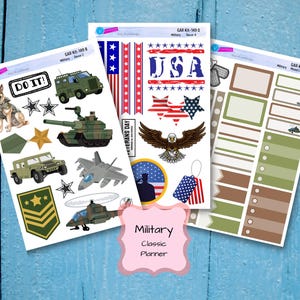 May include: A set of printable planner stickers with a military theme. The stickers feature images of military vehicles, flags, and other patriotic symbols. The text "DO IT!" and "USA" are included on the stickers. The stickers are designed for use in a classic planner.