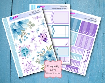 DRAGONFLY FLORAL STICKERS Blue & Purple Spring Stickers Planner Layout Stickers Calendar Stickers or Journal Decor Stickers