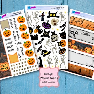 May include: Three sheets of Halloween themed stickers for a bullet journal. The first sheet features a black tree with orange pumpkins and a calendar. The second sheet has black and white illustrations of skeletons, cats, bats, and pumpkins. The third sheet has banners with the text "Happy Halloween" and illustrations of pumpkins and skulls.