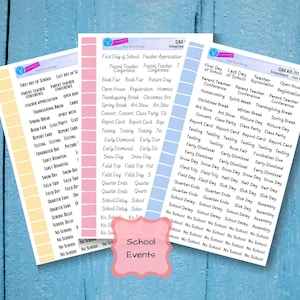 May include: Three printable sheets of school event stickers with a pink, yellow, and blue background. The stickers are labeled with various school events, such as "First Day of School", "Teacher Appreciation", "Parent Teacher Conference", "Open House", "Registration", "Thanksgiving Break", "Spring Break", "Picture Day", "Field Trip", "Snow Day", "Sick Day", "Assembly", "School Delay", "No School", and "Quarter Ends".