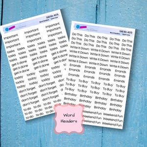 May include: Two sheets of white paper with black text. The text on the left sheet includes words like "important", "tasks", "get it done", "today", "don't forget", and "to do". The text on the right sheet includes words like "Do This", "Write It Down", "Errands", "To Buy", "Birthday", and "Weekend Fun". The text on both sheets is in uppercase. The sheets are labeled "GAR Kit-407A" and "GAR Kit-4070".