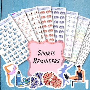 May include: A collection of sports-themed stickers and sticker sheets. The stickers feature illustrations of athletes, sports equipment, and the words "Practice" and "Camp". The text "Sports Reminders" is also present.