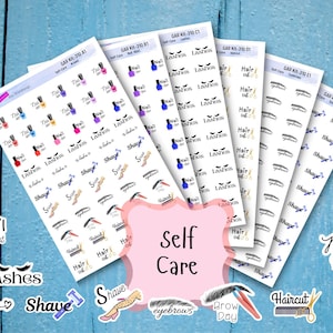May include: A collection of self-care themed sticker sheets featuring icons and text labels for nail appointments, lashes, haircuts, eyebrows, and shaving. The sheets include various small, colorful illustrations and black text on white backgrounds.
