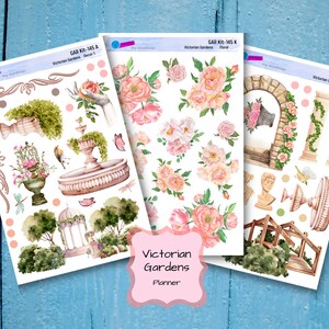 May include: Three sheets of stickers featuring illustrations of Victorian gardens. The stickers include images of flowers, fountains, gazebos, and other garden elements. The text on the sheets reads "GAR Kit-145 A Victorian Gardens Decor 1", "GAR Kit-145 K Victorian Gardens Floral", and "GAR Kit-145 C Victorian Gardens Decor 2".