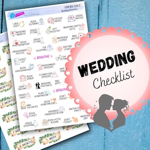 May include: Wedding checklist stickers with icons for planning, including dress fitting, photographer, and honeymoon. A pink scalloped circle with the words "Wedding Checklist" and a silhouette of a couple. The stickers are on a blue wooden background.