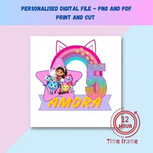 Adorno para tarta digital con la casa de muñecas Gabby para imprimir, adorno para tarta personalizado, imprimibles
