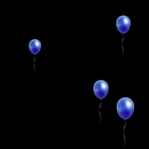 May include: A group of blue balloons floating against a black background.