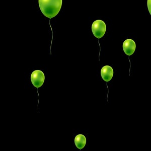 May include: A black background with multiple green balloons floating upwards.