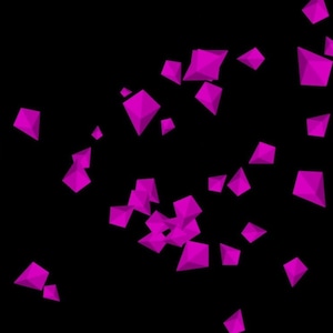 Op de afbeelding: Een zwarte achtergrond met een verstrooiing van roze geometrische vormen. De vormen zijn allemaal van verschillende grootte en zijn in een willekeurig patroon gerangschikt.