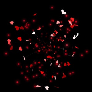 May include: A black background with a burst of red and white hearts. The hearts are scattered in a random pattern, creating a festive and celebratory feel.