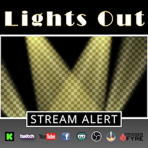 Może przedstawiać: Grafika cyfrowa z tekstem "Lights Out" w białych literach na czarnym tle. Grafika zawiera przezroczyste, kratkowane tło z trzema żółtymi reflektorami świecącymi w dół. Tekst "STREAM ALERT" znajduje się pod reflektorami w białych literach. Grafika zawiera logo platform społecznościowych, takich jak Twitch, YouTube, Facebook, Discord i inne.