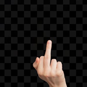 May include: A hand with the middle finger extended upwards, a gesture of defiance or insult. The hand is against a black and gray checkered background.
