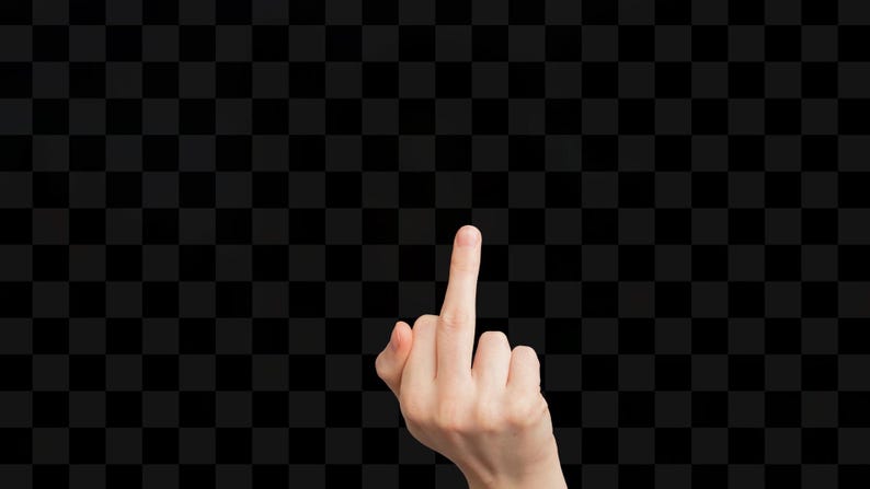 May include: A hand with the middle finger extended upwards, a gesture of defiance or insult. The hand is against a black and gray checkered background.