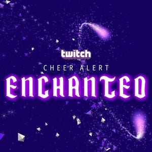 Puede incluir: Texto morado y blanco sobre un fondo azul oscuro con destellos blancos. El texto dice "twitch cheer alert enchanted".