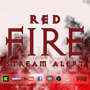 Puede incluir: Gráfico digital con las palabras "RED FIRE STREAM ALERT" en rojo intenso. El fondo presenta un efecto de degradado rojo ahumado. Iconos de redes sociales en la parte inferior, incluyendo Twitch y YouTube.
