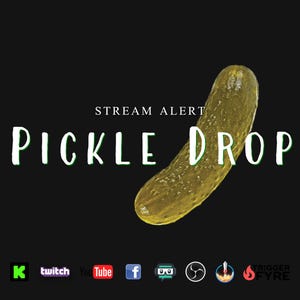 May include: A green pickle is falling from the top of the screen. The text "STREAM ALERT PICKLE DROP" is displayed in white letters on a black background. Social media icons are displayed at the bottom of the image.
