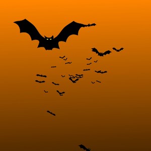 May include: A group of bats flying against an orange background. The bats are black and have a silhouette shape. The largest bat is in the center of the image and has glowing yellow eyes.