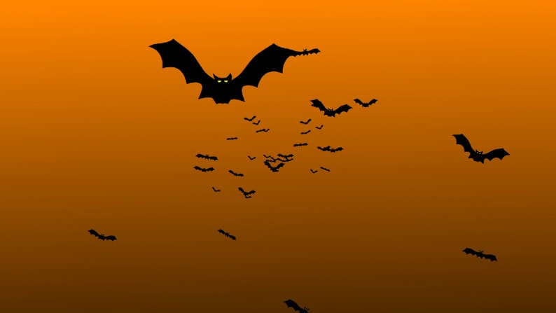 May include: A group of bats flying against an orange background. The bats are black and have a silhouette shape. The largest bat is in the center of the image and has glowing yellow eyes.