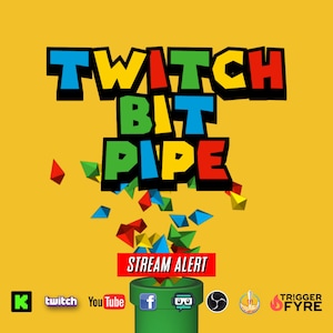 Puede incluir: Un diseño gráfico colorido con el texto "Twitch Bit Pipe" en un estilo de videojuego retro. El diseño presenta una tubería verde con una pancarta "Stream Alert" roja, blanca y azul. La tubería está rodeada de confeti de colores e iconos de redes sociales.