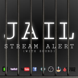 以下が含まれることがあります： 暗い灰色の背景に、白いネオン風の文字で「JAIL」という単語が描かれたデジタルグラフィック。垂直の棒が描かれています。「STREAM ALERT (WITH SOUND)」というテキストが下に表示されています。ソーシャルメディアのアイコンが下にあります。