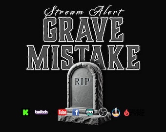 Puede incluir: Una imagen en blanco y negro de una lápida con las palabras "RIP" en ella. La lápida está rodeada de varios logotipos de redes sociales, incluidos Twitch, YouTube, Facebook y Twitter. El texto sobre la lápida dice "Stream Alert Grave Mistake".