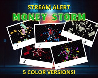 Pakiet alertów Money Storm Stream – 5 pełnoekranowych efektów darowizn z przezroczystym tłem – animowana nakładka 1920x1080 – natychmiastowe pobranie