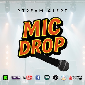 Puede incluir: Un micrófono negro con un gráfico "MIC DROP" rojo y amarillo en un escenario con focos. El texto "STREAM ALERT" está en la parte superior de la imagen. Los iconos de redes sociales están en la parte inferior de la imagen.