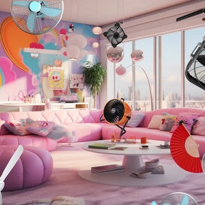 May include: A pink living room with a pink sectional sofa, a pink ottoman, and a white coffee table. There are several fans hanging from the ceiling and a few fans on the floor. The walls are decorated with colorful murals and artwork.